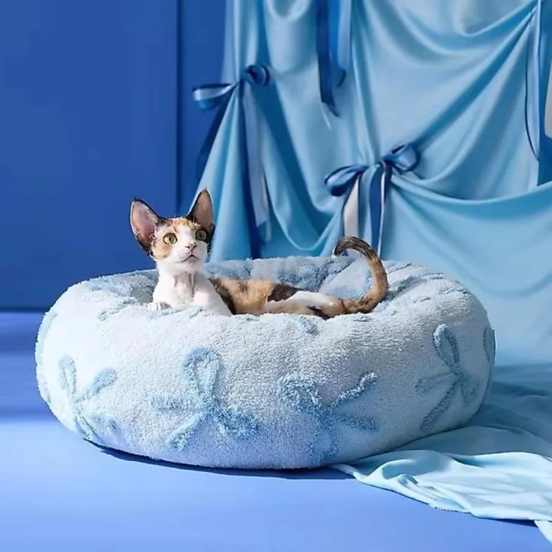 

Calming Cute Modern Plush Jacquard Shaggy Orthopedic Anti-Slip Donut Dog & Cat Bed with Removable Cover, Blue Bows, X-Small