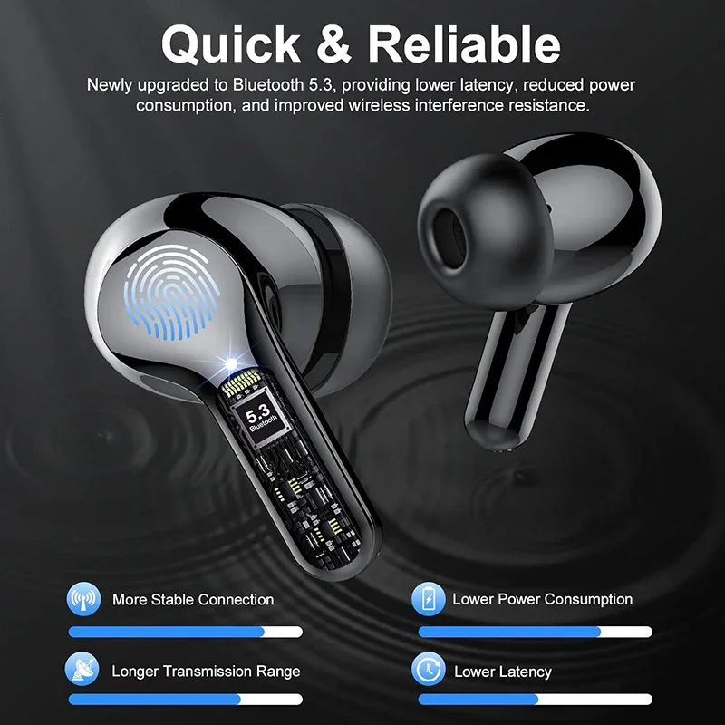 New Wireless Earbuds HiFi Stereo Headphones BT5.3 with ENC Noise Cancelling 48H LED Display Ear Buds IP7 Waterproof Earphones