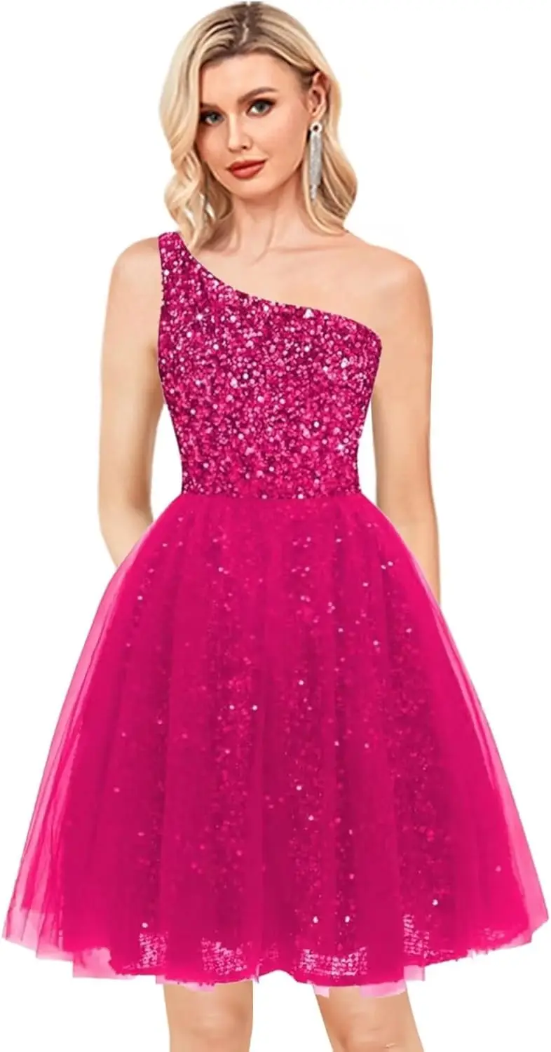 One Shoulder Sequin Homecoming Dresses Short Tulle Prom Dresses for Women A Line Princess Formal Cocktail Gown Gowns