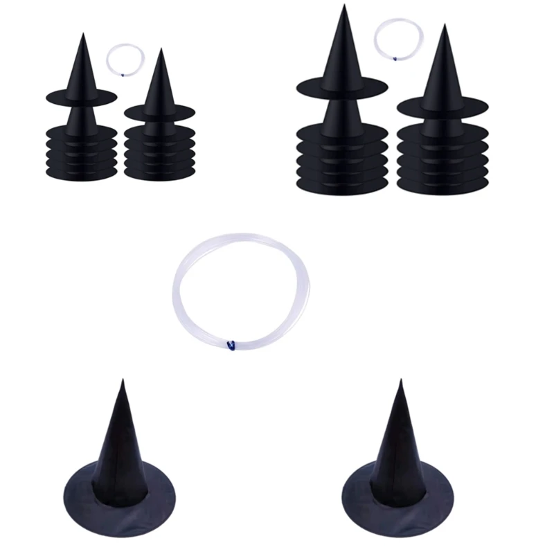 Halloween Witch Hat with 35Yards Hanging Rope, Black Pointed Wizard Hat Costume for Halloween Carnivals Cosplay 12Pcs