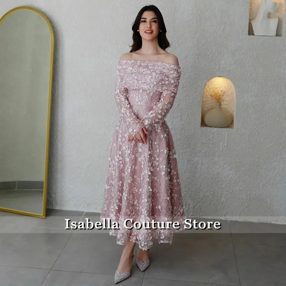 

Новое розовое вечернее платье с открытыми плечами и аппликациями, роскошное женское вечернее платье 2021, Дубайское вечернее платье с длинными рукавами, длиной до чая, Vestidos по индивидуальному заказу