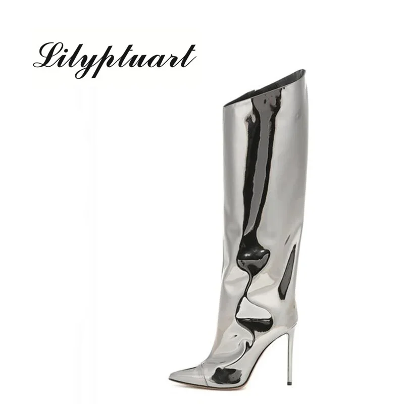 New Thigh High Boots Candy Color Mirror Leather Women Knee High Boots High Heels Stilettos Runway Shoes for Women Height 10 Cm