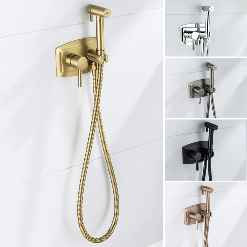 Portable Bidet Sprayer Set Brushed Gold Spray Toilet Faucet Brass Hot Cold Water Mixer Bathroom Shower Head Douche Kit