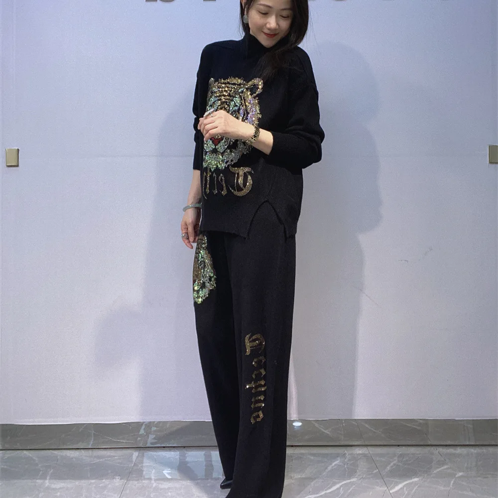 Set lavorato a maglia con strass testa di cartone animato da donna americana, pullover autunno inverno, maglione a collo alto, pantaloni lunghi a gamba larga, abito a due pezzi