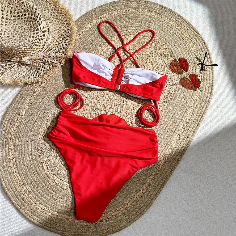 Sexy Red 3D Flower Swimwear Halter Bandeau Bikinis Sets High Wiast Swimsuit 2025 Women Ruched Bathing Suit Bikini Mujer Bather