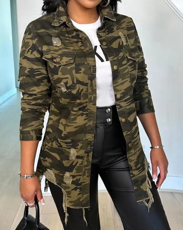 Jackets for Women Autumn Fashion Camouflage Print Ripped Casual Turn-Down Collar Long Sleeve Button Daily Jacket Woman Clothes