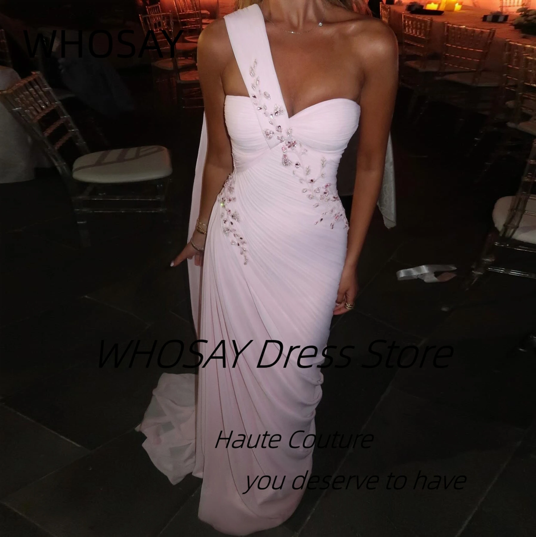 WHOSAY Pick Ups Chiffon Prom Dresses with Flutters One Shoulder Evening Gowns Beaded Wedding Party Special Dress Customized