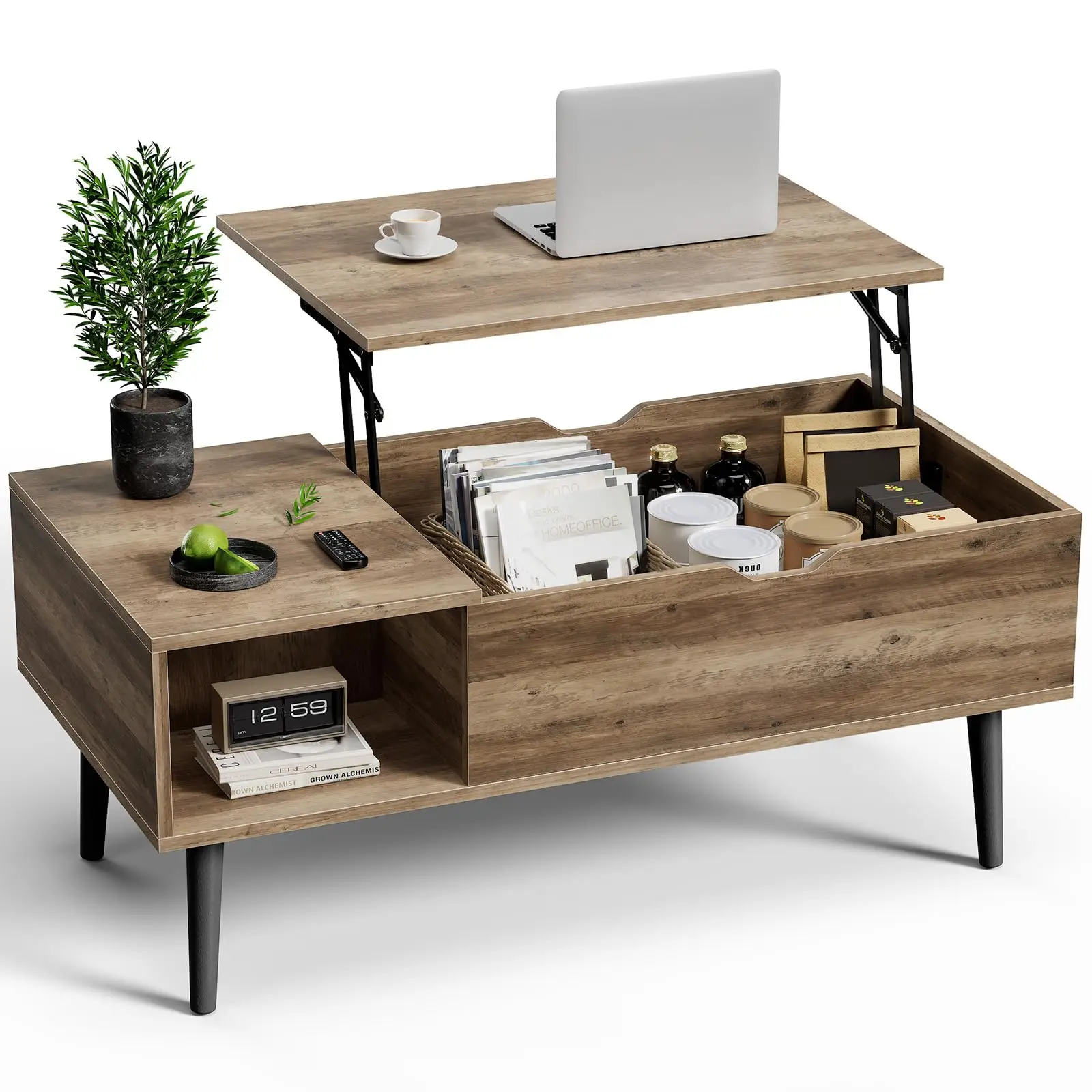 

Rustic Lift-Top Wooden Coffee Table With Large Hidden Storage Compartment And Open Shelf For Living Room Small Spaces