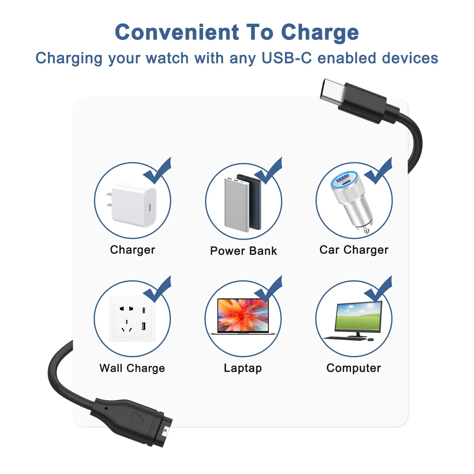 كابل شاحن ساعة من النوع C لـ Garmin Venu2/VenuSq2/3/3S Fenix 5/6/7/8 Vivoactive4/4S/3 سلك شحن لـ Forerunner 965/266