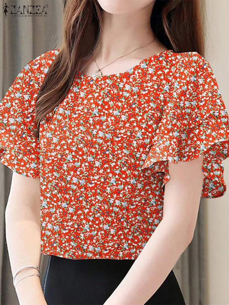 

ZANZEA, элегантные женские блузки с рюшами и рукавами, лето 2021, модные Blusas Mujer с круглым вырезом и цветочным принтом, повседневные свободные топы для поездок на работу