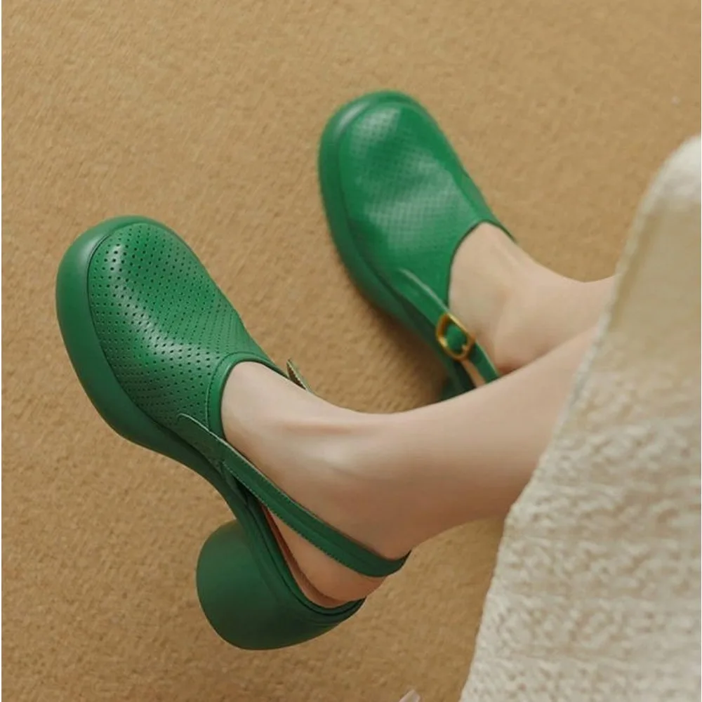 

Summer Sandals Round Toe Hollow Out High Heel Sandals for Women Platform Sandals Zapatos Mujer Chunky Heel Sheepskin Shoes Green