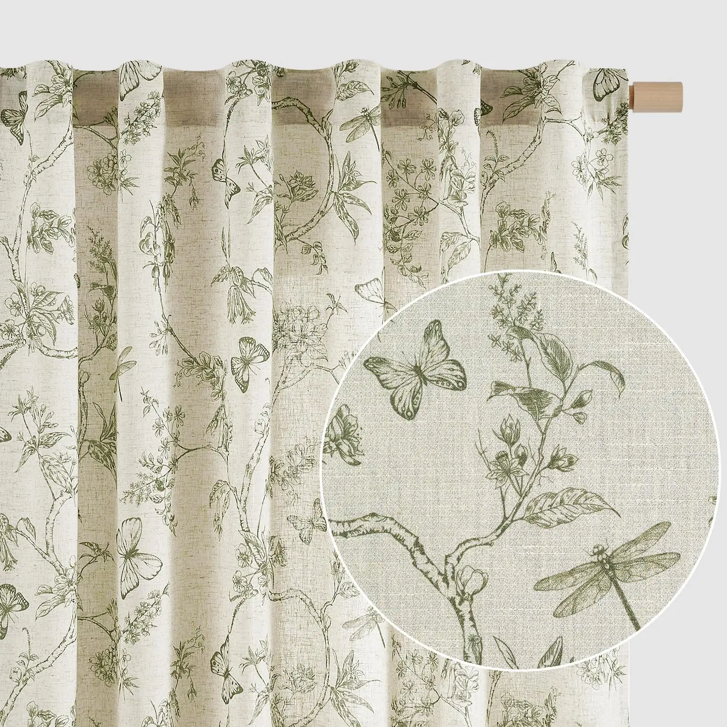 

Lazzzy Linen Green Floral Curtains 96 Inch Length Farmhouse Curtain Back Tab Drapes For Living Room Bedroom Light Filtering