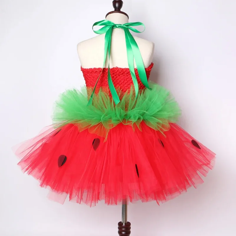 Cute strawberry tutu dress red green tulle flowers Princess girls birthday party dress children kids Christmas Halloween costume