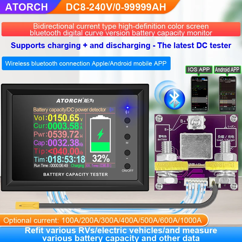 Bateria Tester Tensão Atual Medidor Rvs Bateria Coulomb Indicador de Capacidade dc 8240v 100a 200a 300a 400a 500a 600a 1000a
