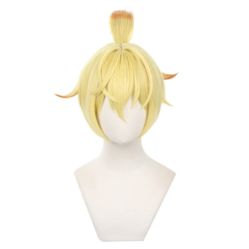 Genshin Impact Mika Schmidt Peruca Cosplay, Cabelo Amarelo Sintético, Cabelo Curto, Resistente ao Calor, Acessórios para Festa de Halloween, Adereços