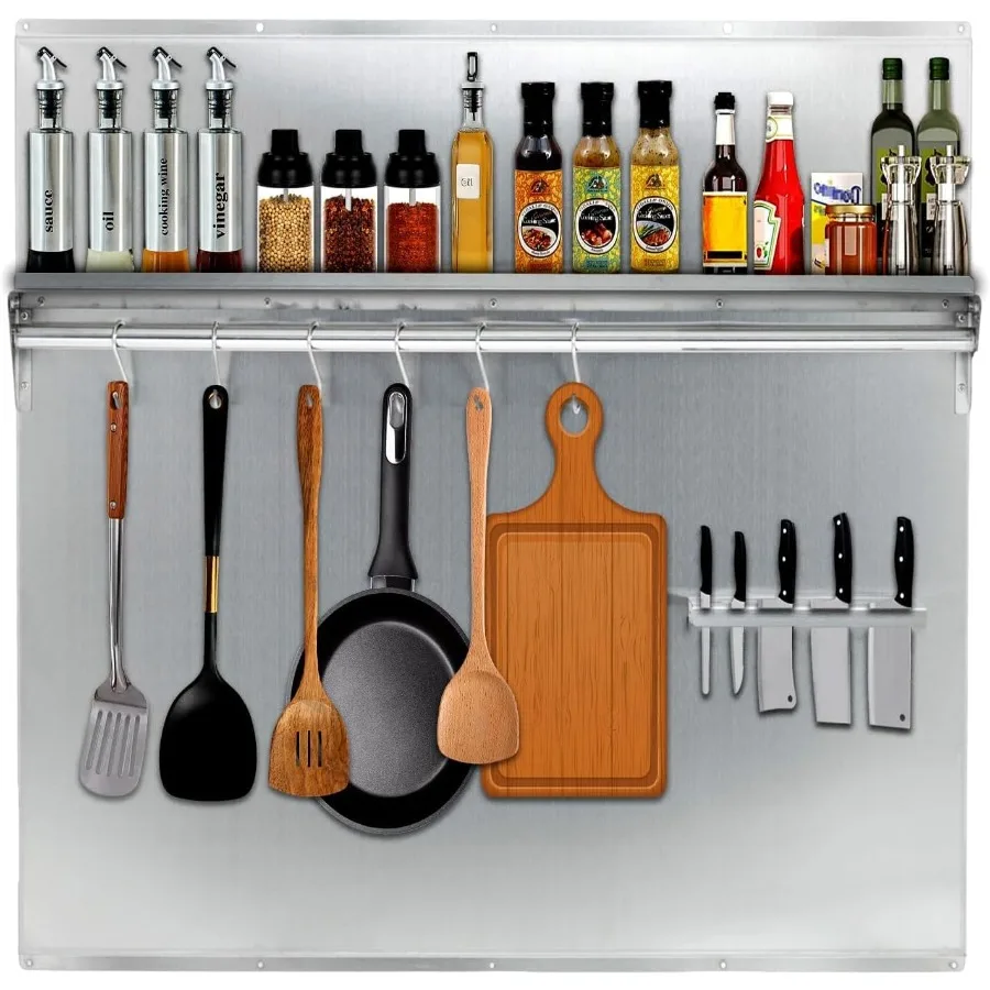 Panel ochronny ze stali nierdzewnej 30x30,7 cm z wbudowaną półką i uchwytem na noże do montażu na ścianie nad okapem kuchennym, montowany na ścianie K