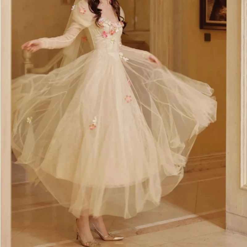 Embroidered Applique Party Dress With Shoulder Long Sleeves Formal Occasion Party Dress With Pleated Floor-Length Ball Dress