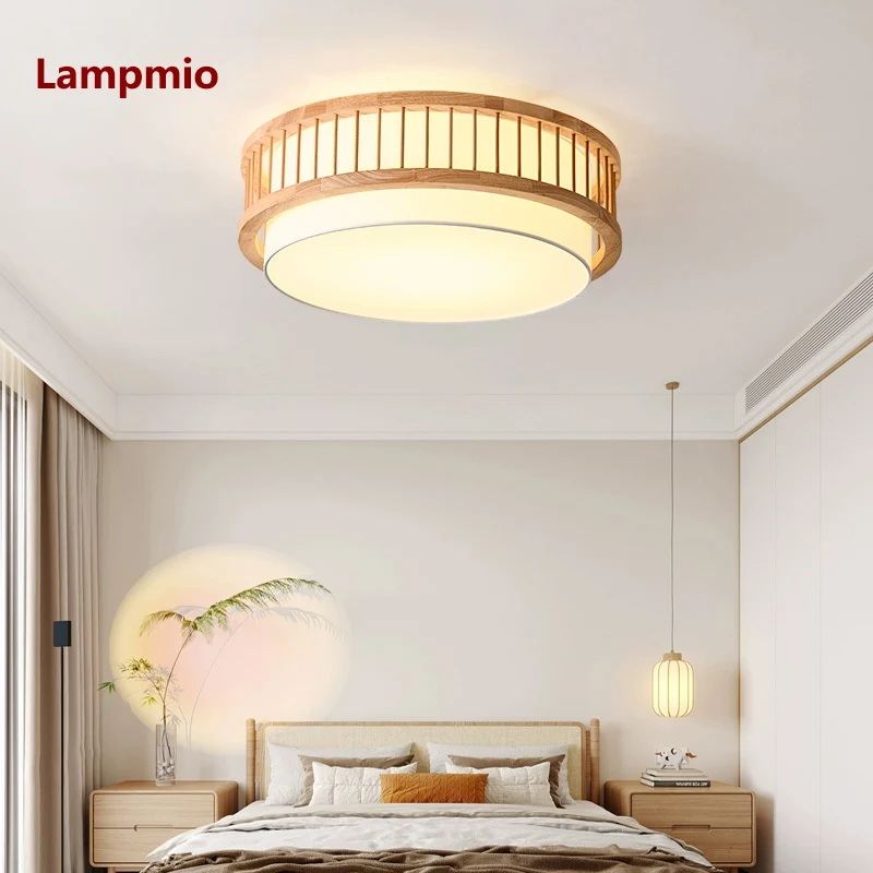 

Lampmio Home Decor Wooden Ceiling Light with Fabric Shade Japandi Style LED Flush Mount Lamp for Living Room Bedroom