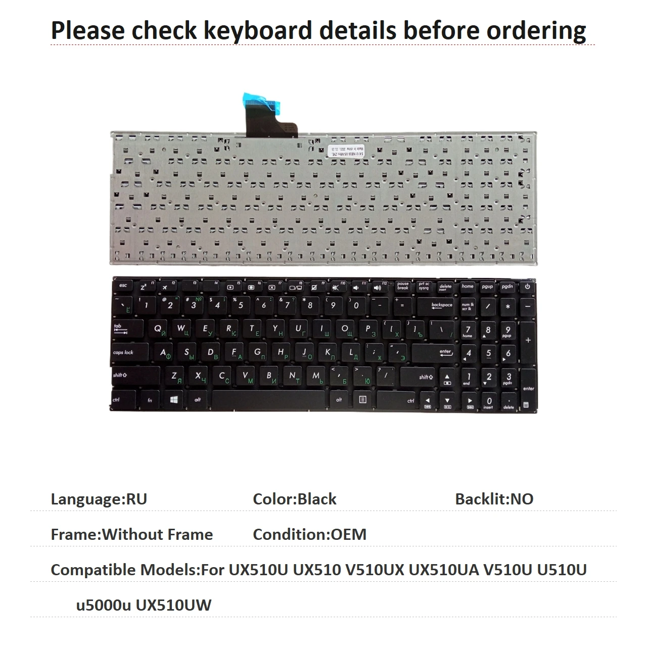 Nuevo teclado en idioma ruso para ASUS UX510U UX510 V510UX UX510UA V510U U510U u5000u UX510UW, teclado de repuesto para ordenador portátil