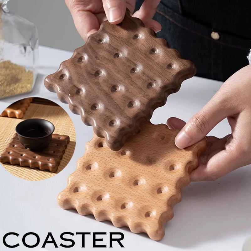 1/2 PCS Biscuit Coasters, Square Beech Hot Tea Coffee Beverage Coasters, Kitchen Decorative Table Mats 9 cm/3.5 Inches
