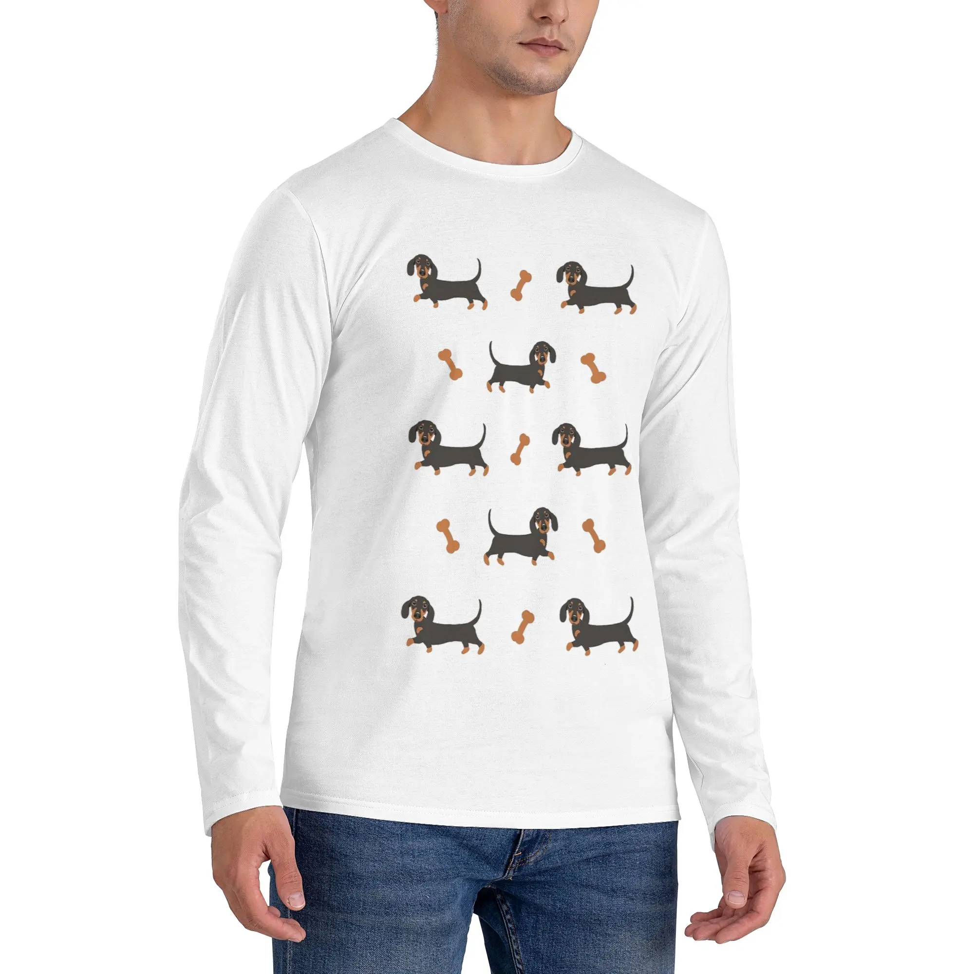 

Black and Tan Dachshund Sausage Dog Men's Long Sleeved T-shirt Breathable Round Neck T shirts Spring and Autumn Men tops