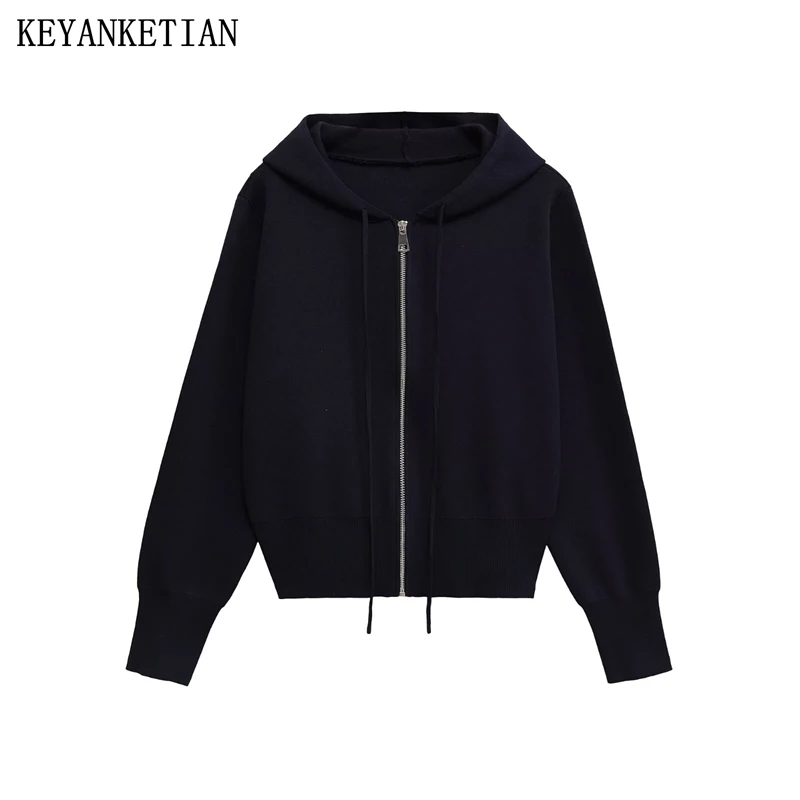 

KEYANKETIAN, новинка осени 202, женская вязаная толстовка с капюшоном, стиль для отдыха, винтовая резьба, лоскутное темно-синее вязаное топ на молнии