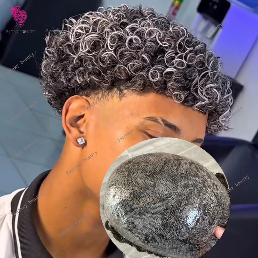 

#1b50 #1b20 Grey Curly Afro Men Toupee Full PU 0.1mm Skin Knots Capillary Prosthesis Human Hair Wig Water Wave Natural Hairpiece