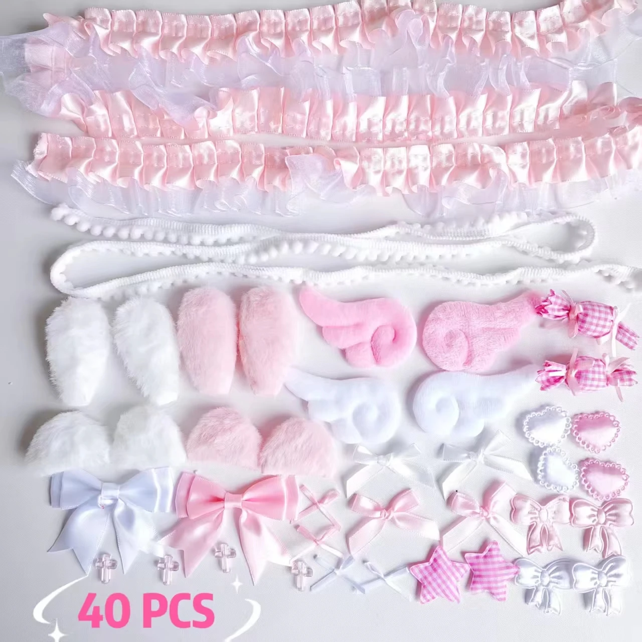 40pcs Lace Handmade Material Kit, Lace Plush Bunny Ears, Angel Wings Accessories, Clothing Accessory, Heart and Star Decoration