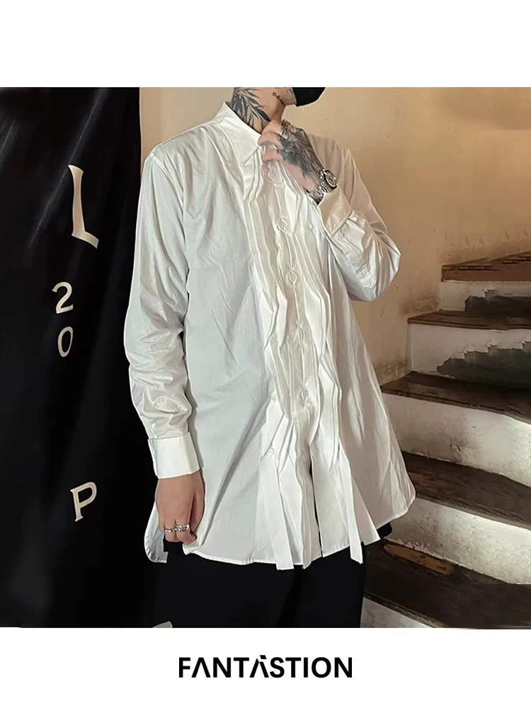 FANTASTION Vintage-Inspired Tuxedo Shirt with Pleated Ribbon Detailing Long Sleeve Loose-Fit Oversized Blouse for Chic Casual
