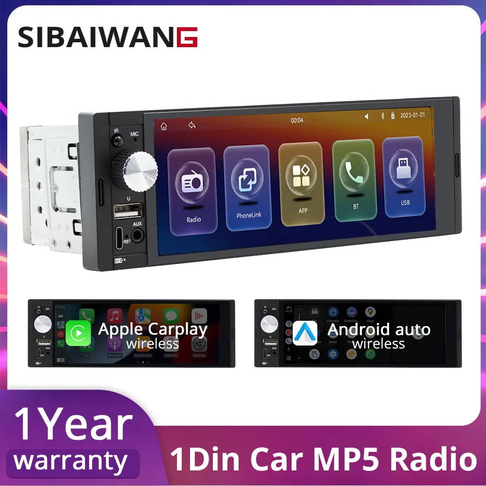 

1Din Car Radio with Wireless Carplay Android auto Universal MP5 6.36-Inch Bluetooth RDS FM USB Aux IPS Multimedia Video Player