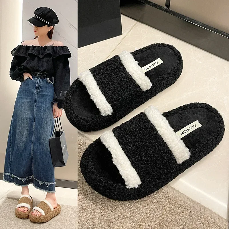 2024 Winter New Shaggy Fluffy Slippers Girls Fur Platform Household Shoes Women Luxury Warm Non-slip Open Toe Flat Slippers Mule