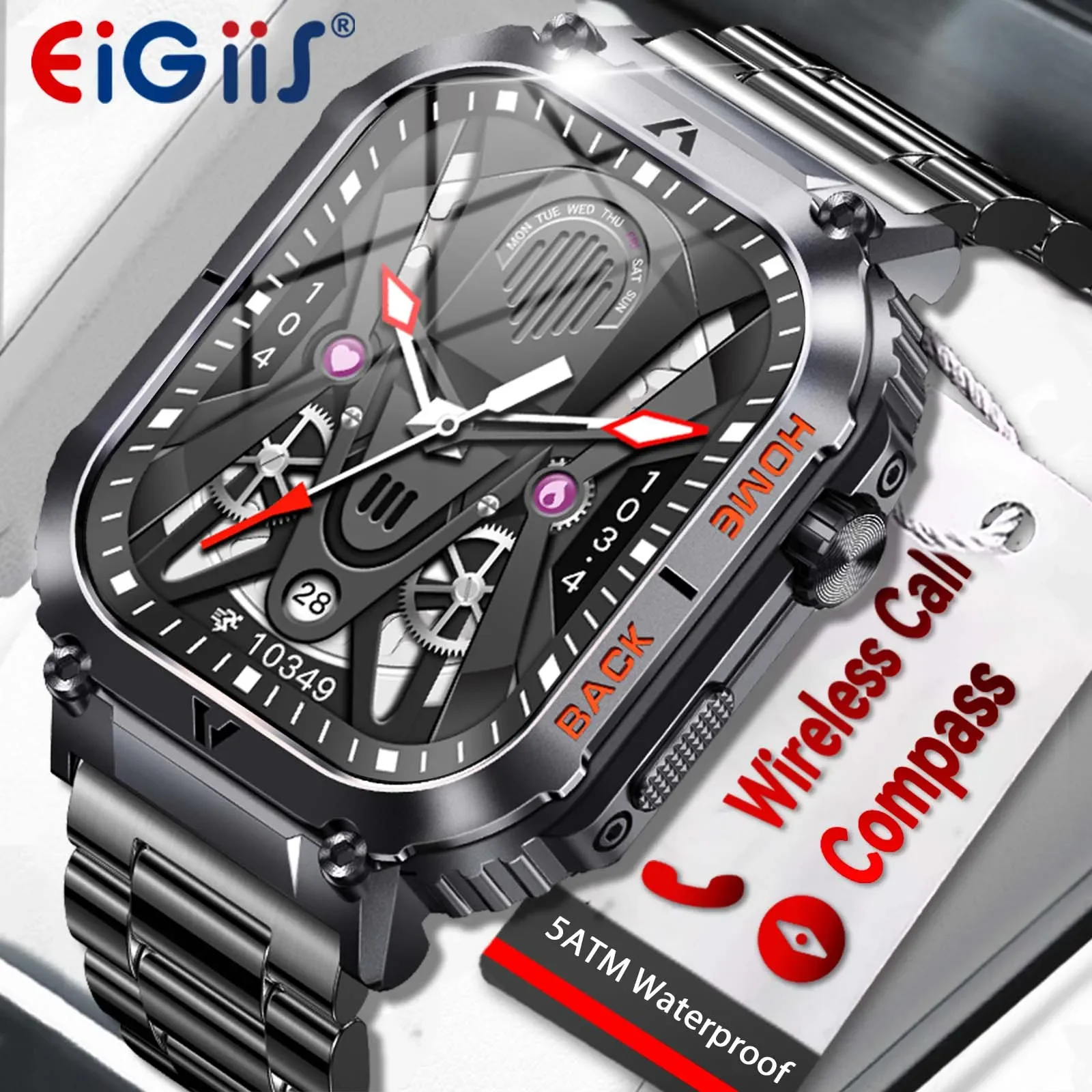 EIGIIS New 5ATM Waterproof Men Military Watch Heart Rate Blood Pressure Blood Oxygen 2.02'' TFT HD With Compass 100+ Sports Mode