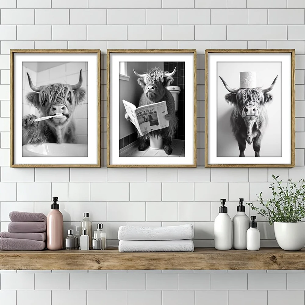 Divertido póster de arte de pared para cocina, vaca de las Tierras Altas bebiendo cerveza, vino, café, pintura decorativa para el hogar, juego de lienzos decorativos de animales