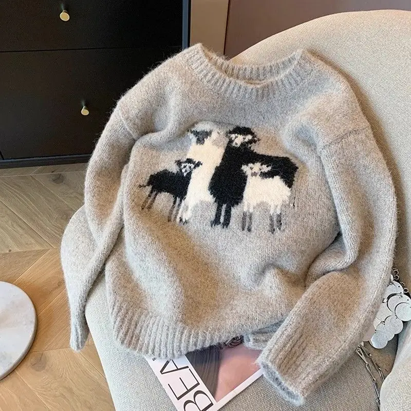 Sweater Cartoon Sheep Embroidery Jacquard Soft Warm Winter Vintage Gray Y2K Cute Jumper Harajuku Kawaii Winter Clothes