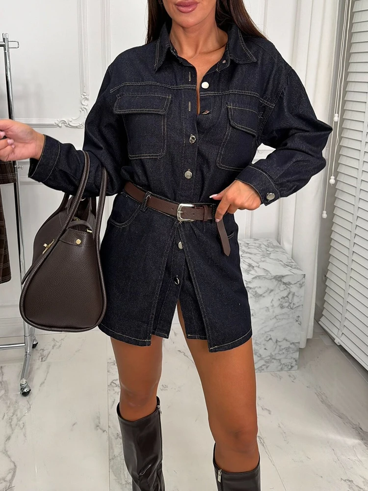 Autumn Winter New Women Leopard Printed Outerwear Vintage Metal Button Lapel Denim Jacket Elegant Long Sleeve Loose Commute Coat