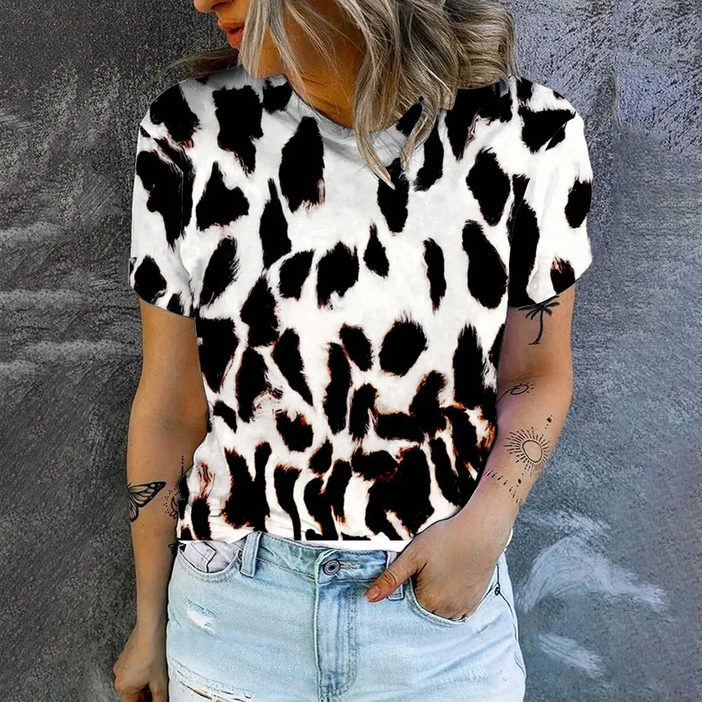 

2024 New O Neck Stereo Leopard Print T Shirt Women's T Shirt Summer Fashion Short Sleeve Tops Oversized Summer Tops Women's Clot