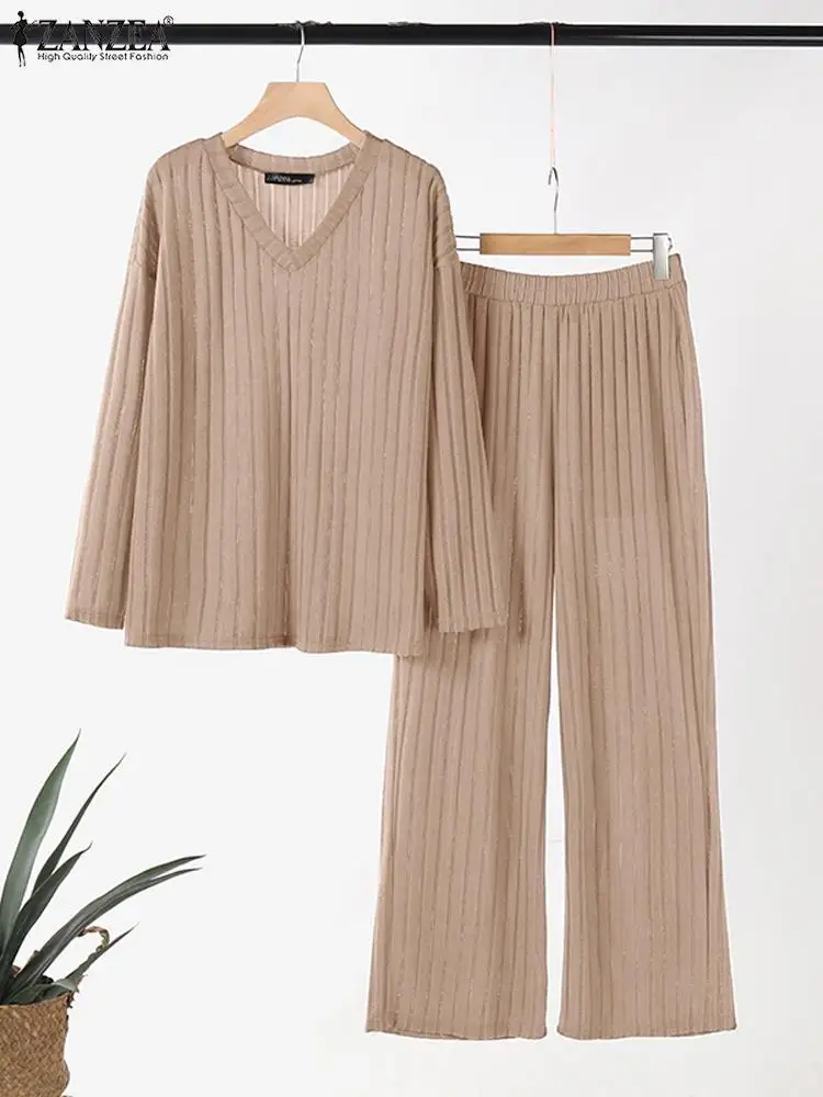 ZANZEA-Ensemble haut et pantalon à manches longues pour femme, tenues monochromes, taille élastique, surintendant ser, décontracté, adt deau bed thousand, automne, 2 pièces