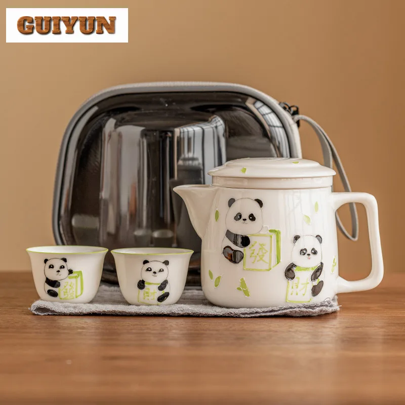 Hand Drawn Panda Fortune Tea Set Kit Luxury 1 Pot 2 Cups Tea Making Outdoor Portable Travel Tote Bag Tea Services Supplies Craft