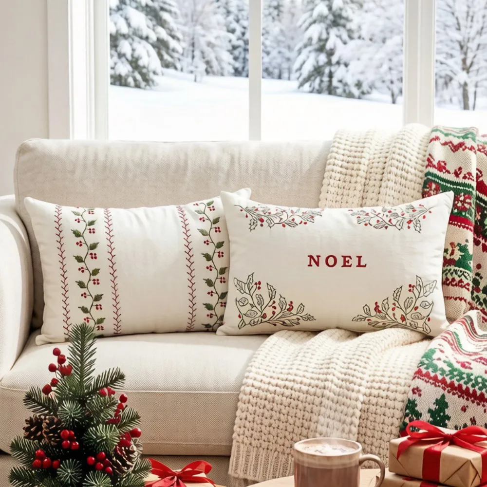 Embroidery Red Green White Throw Cushion Case, Xmas Winter Gift Pillowcase Home Bedroom Sofa Holiday Decor 30x50cm