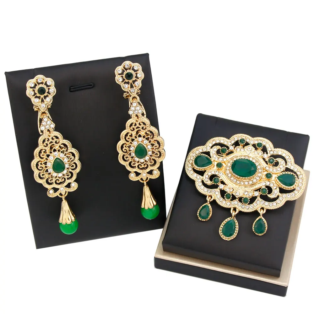 Sunspicems Moroccan Wedding Jewelry Bridal Brooch Earring Set Gold Color Red Green Crystal Hijab Pins Arabic Wedding Accessories