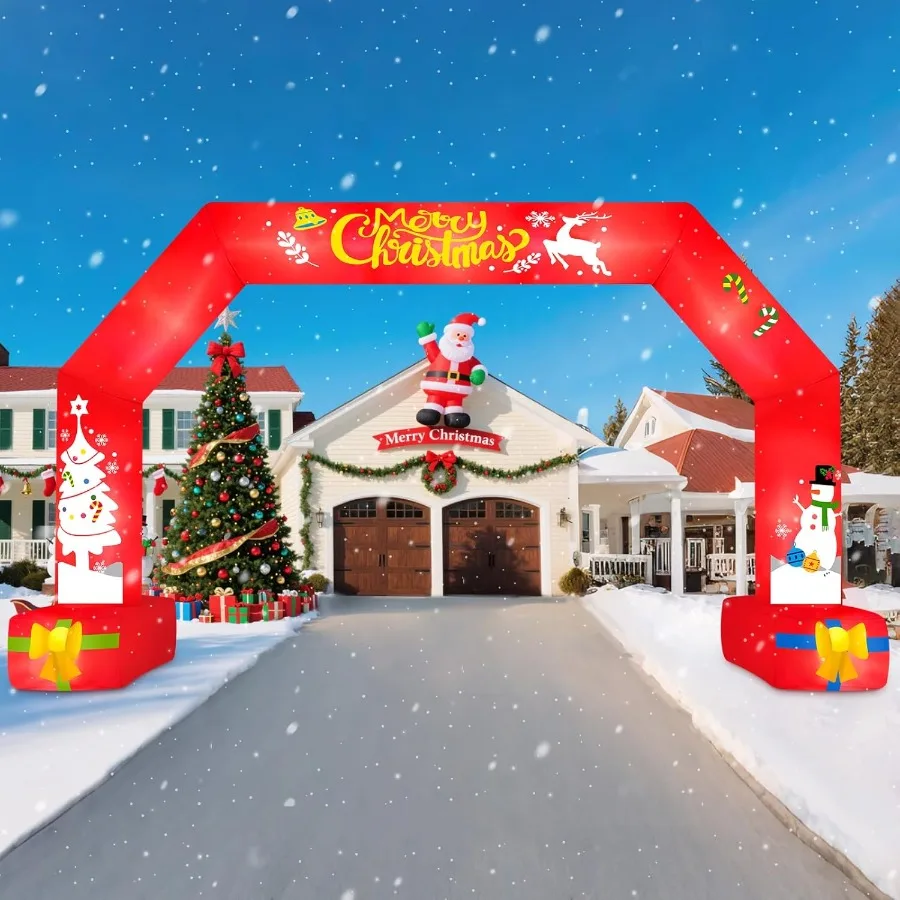 Gerbang Natal Tiup Raksasa 20 Kaki, Gerbang Natal Merah Tiup untuk Dekorasi Halaman Luar Ruangan dengan Lampu Terpasang