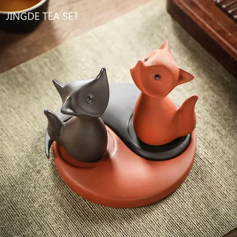 Boutique Cute Little Fox Handmade Tea Pet Decoration Purple Clay Tea Set Accessories Creative Tea Table Ornament Handmade Crafts