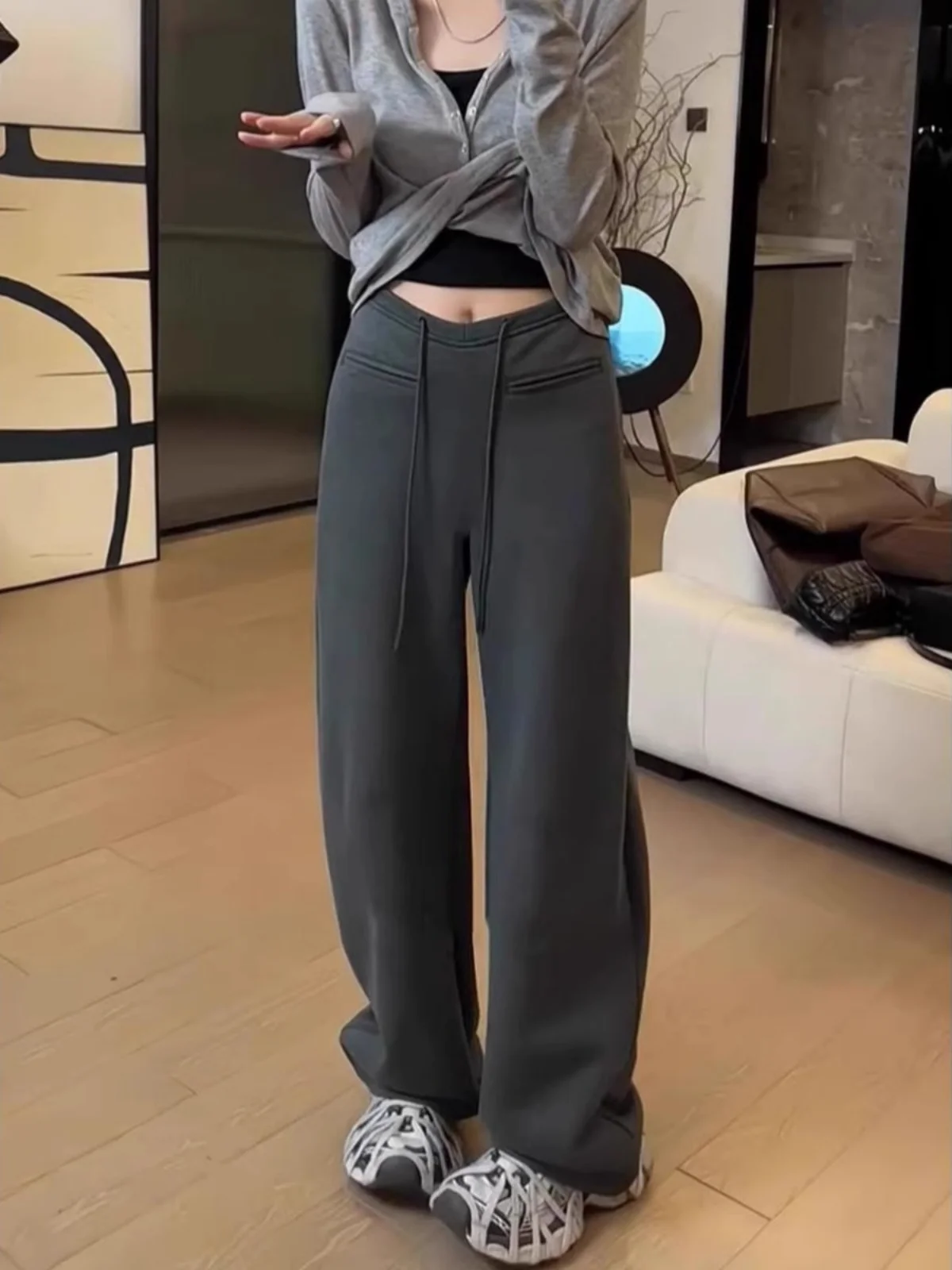 

High Waist Drawstring Wide Leg Pants Women's Casual Loose Slimming Drapey Straight Cut Trousers Autumn Winter New Style