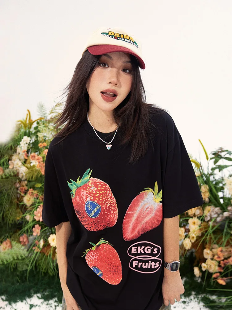 Tawaaiw Summer 2024 Strawberry Print T Shirt Women Clothes Short Sleeve Ladies Tops Korean Fashion Loose Cotton Tee Shirt Femme