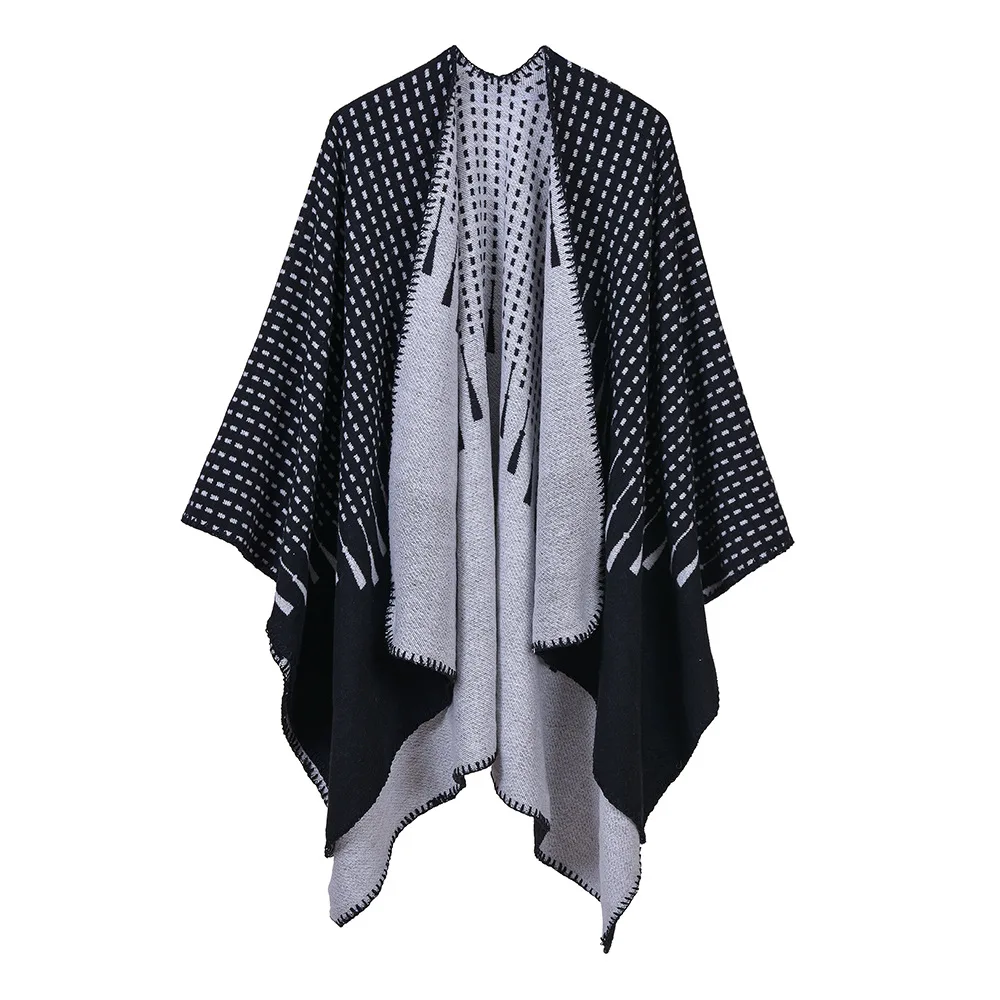 

European American Street Women's Simple Tassel Pattern Jacquard Split Two Sides Versatile Fashion Cashmere Shawl Cape Poncho P1