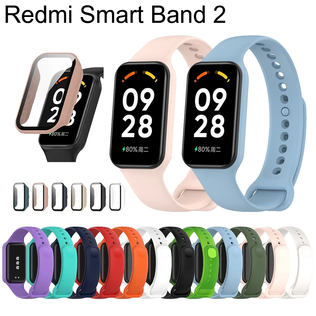 Silicone Band Strap and Case for Redmi Smart Band 2 Tempered Glass Screen Protector Cover Casing Accessories for Redmi Band2