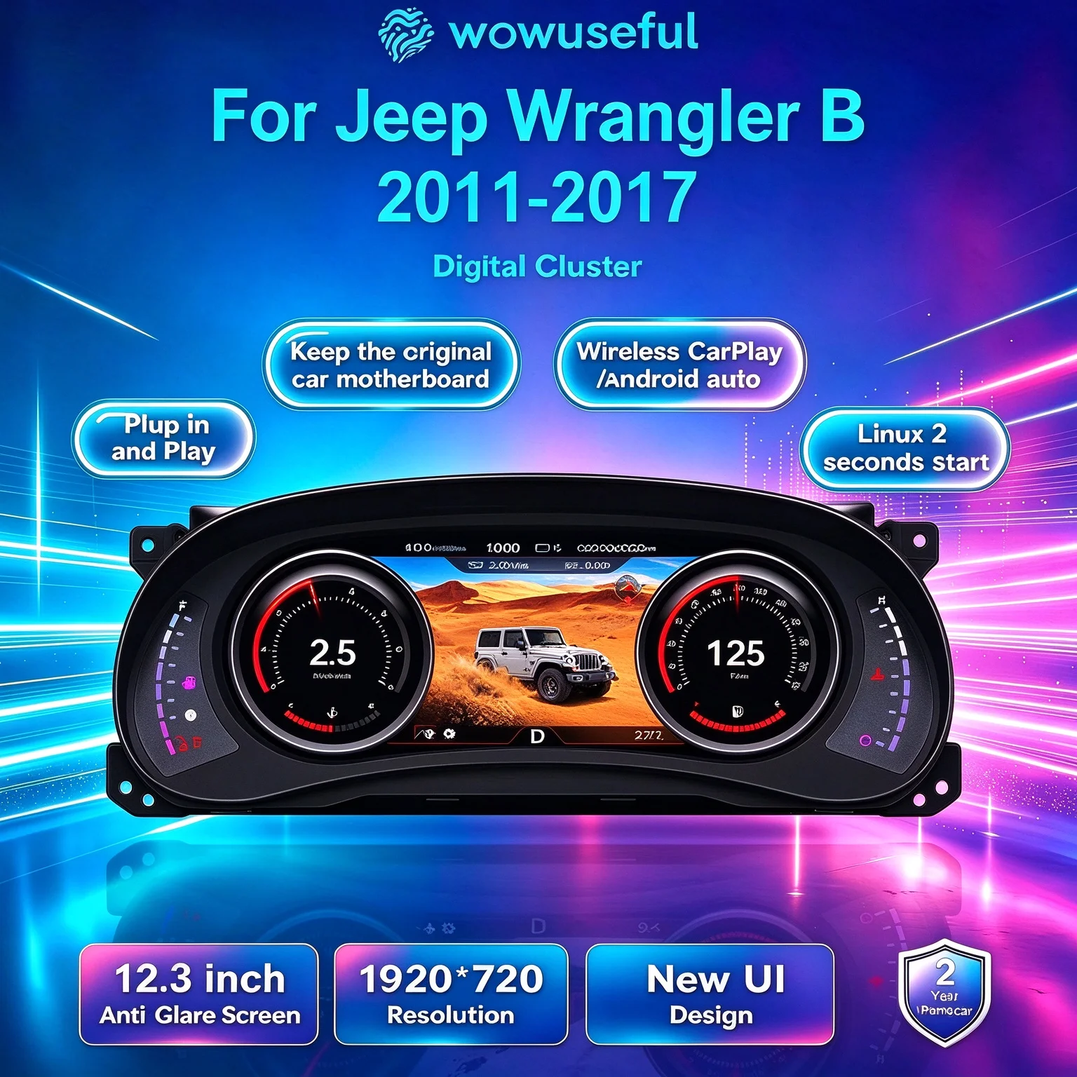 WOWUSEFUL 12.3 Inch LCD Instrument Panel For Jeep Wrangler  2011-2017 Virtual Cockpit Digital Car Speedometer