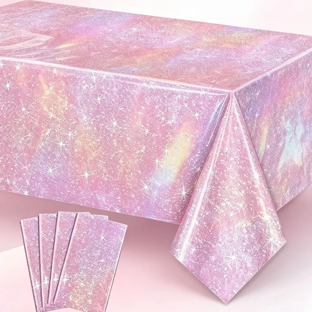 Shiny Laser Iridescent Tablecloth Holographic Metallic Foil Disposable Rectangle Table Cover for Birthday Disco Party Decoration