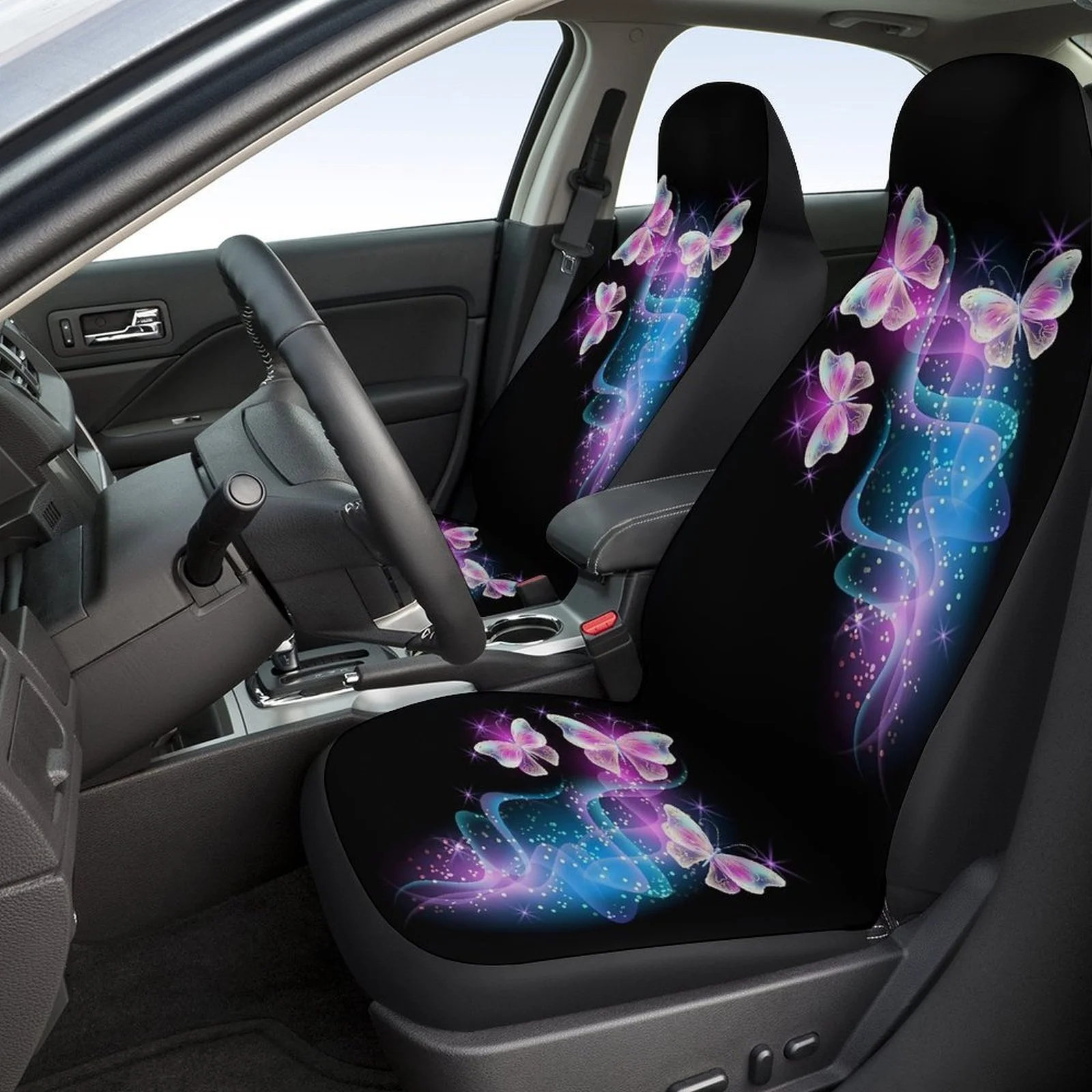 

2pcs Of Trendy Dreamlike Black Background Printed Car Interior Covers, Breathable And Non-Slip, Front Covers For Cars.