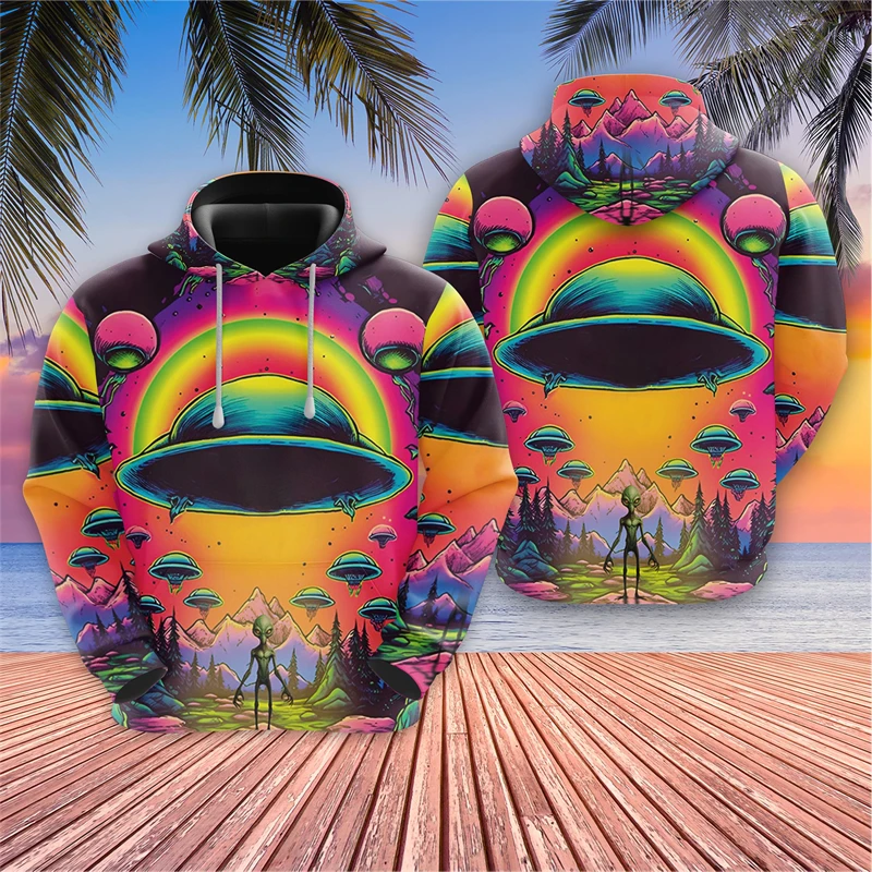 Harajuku Fashion Alien Graphic Sweatshirts Trippy Mushroom Y2k Hoodies For Men Clothes Cartoon Boy Pullovers Hip Hop UFO Hoody